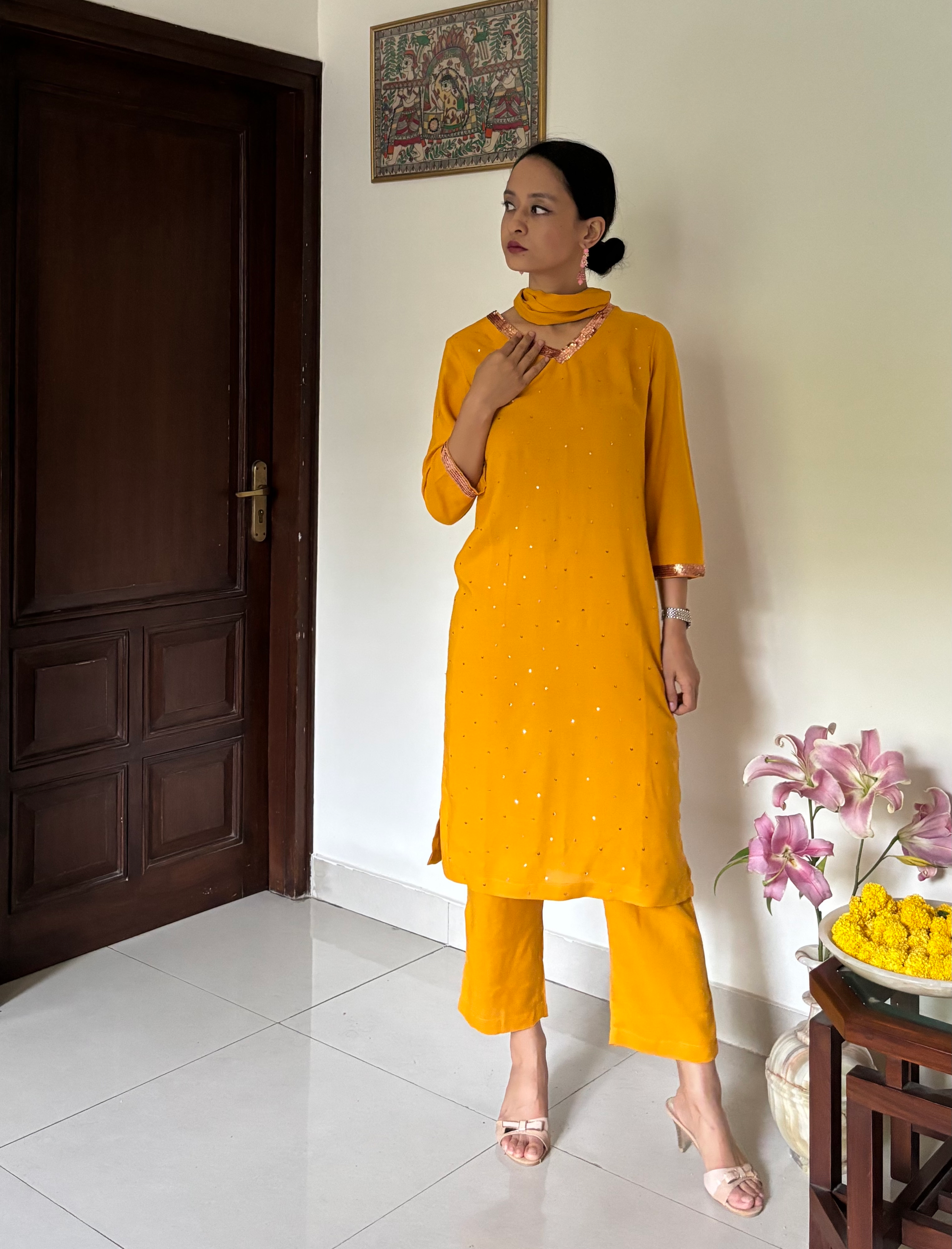 Hand Embroidered V- Neck Kurta Set in Mustard Yellow