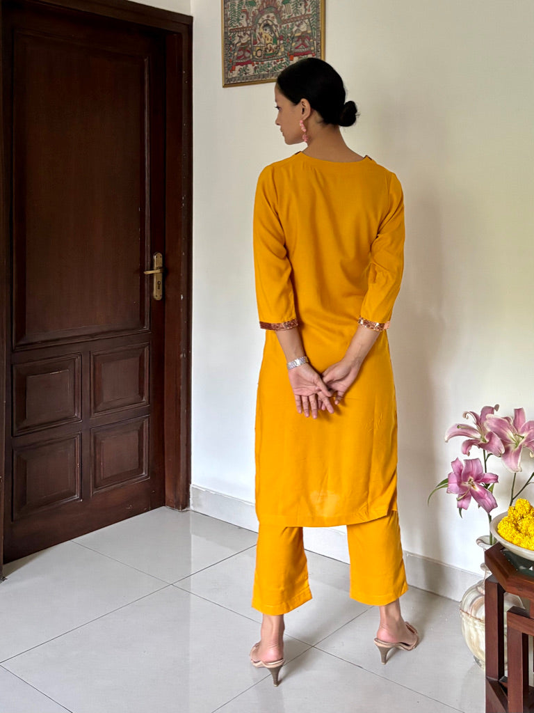 Hand Embroidered V- Neck Kurta Set in Mustard Yellow