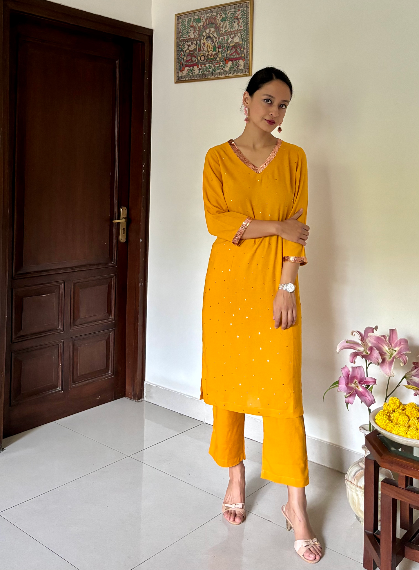 Hand Embroidered V- Neck Kurta Set in Mustard Yellow